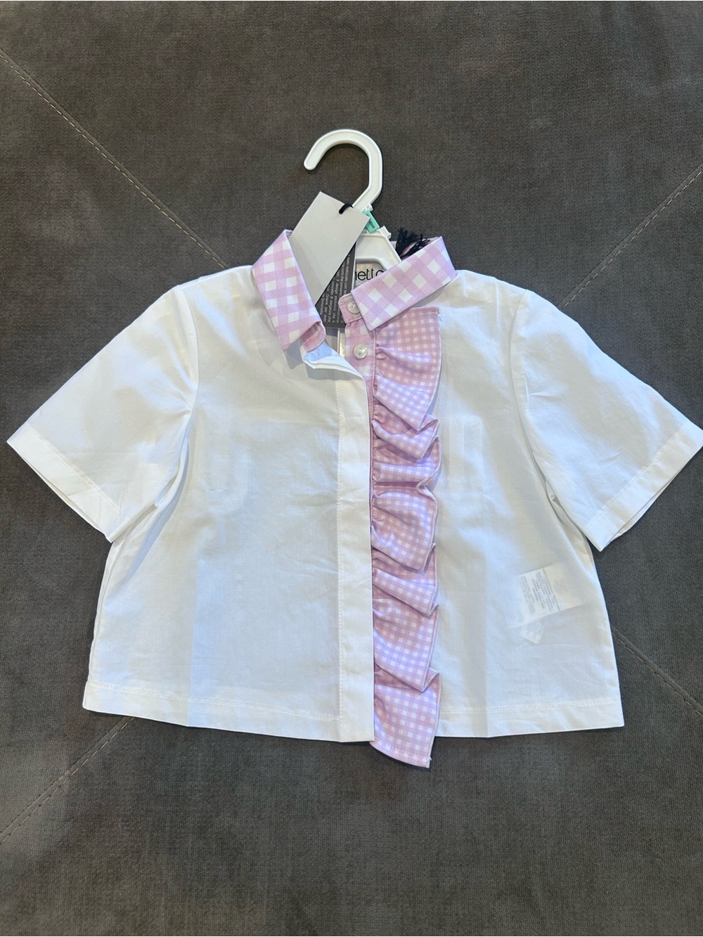 Simonetta Classic White Button-Front Shirt with Purple Gingham Trim - Kids Size4